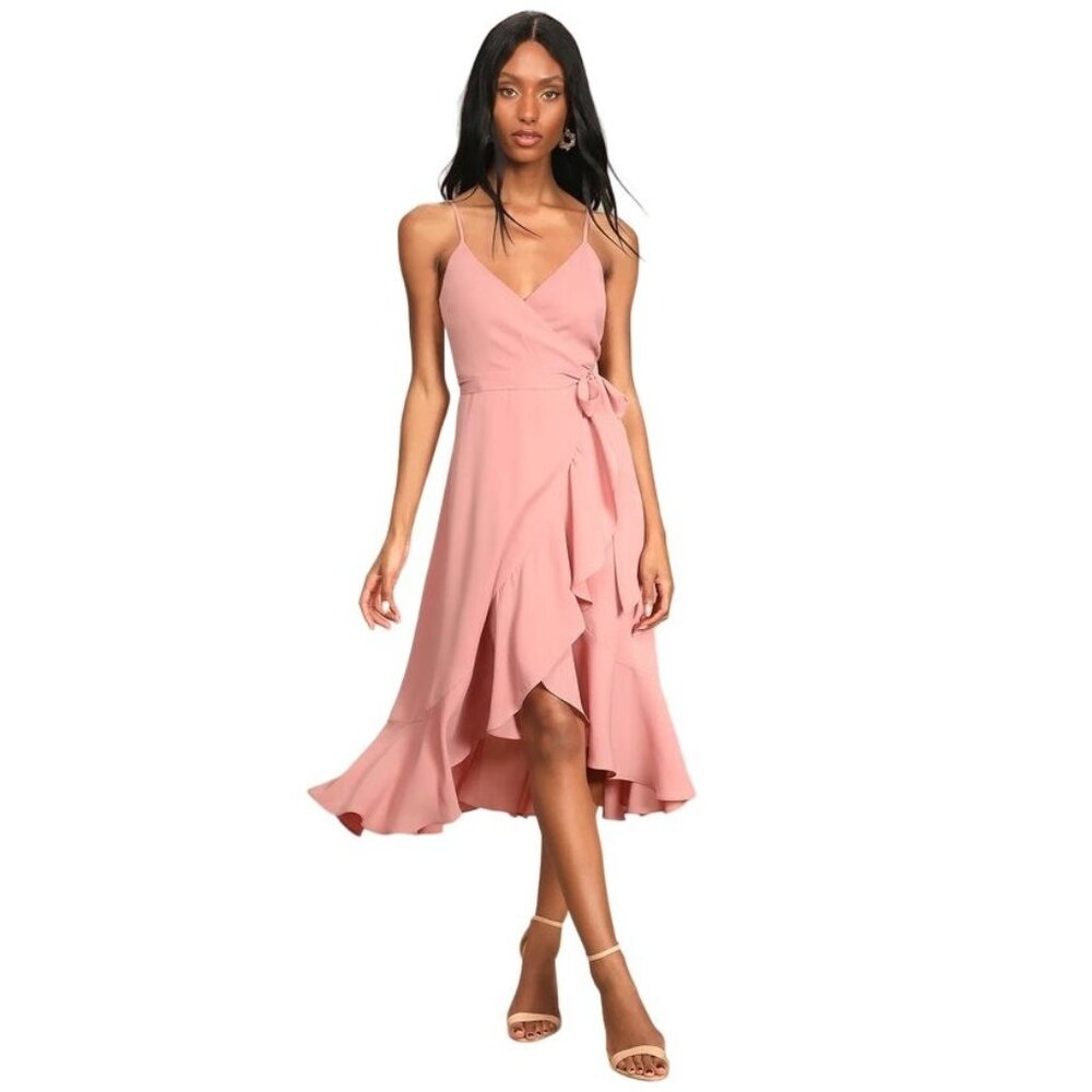 Lulus Midi Wrap Dress Size XS Manhattan Moment Mauve Flowy Ruffle Pink Tie Waist